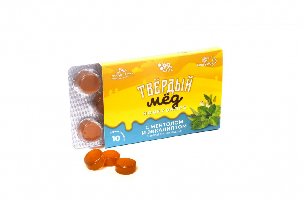 Твердый мед 30гр ментол/эвкалипт 10шт HoneyWay